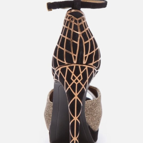 Sam Edelman Paulette Heel Gold Black Peep Toe Pump - Picture 3 of 6